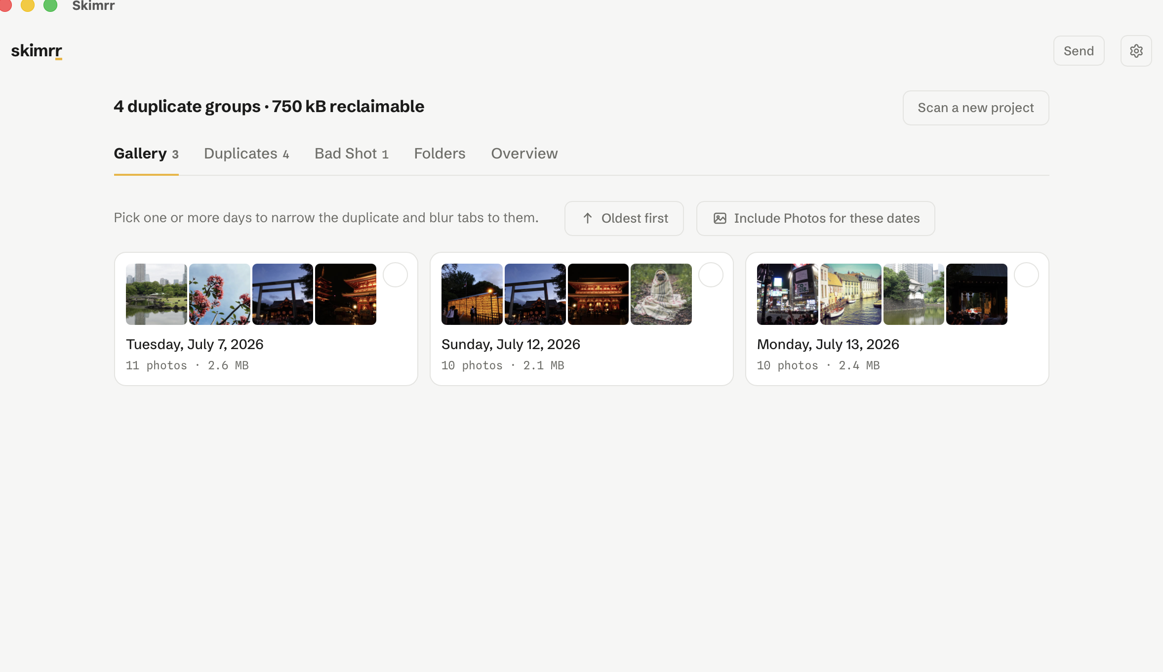 Skimrr's gallery view, photos grouped by the day each one was taken
